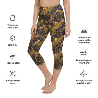 Yoga Capri Leggings - Black and Gold Jellyfishes - by Jelly Kvlt