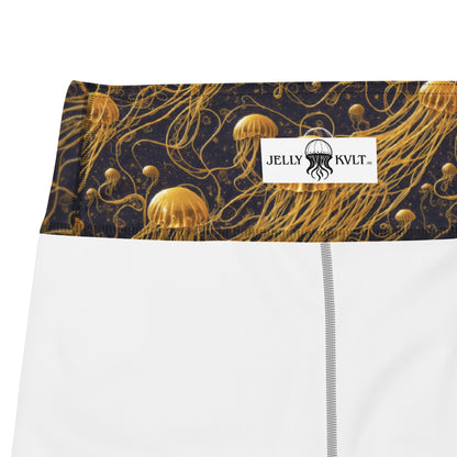 Yoga Capri Leggings - Black and Gold Jellyfishes - by Jelly Kvlt