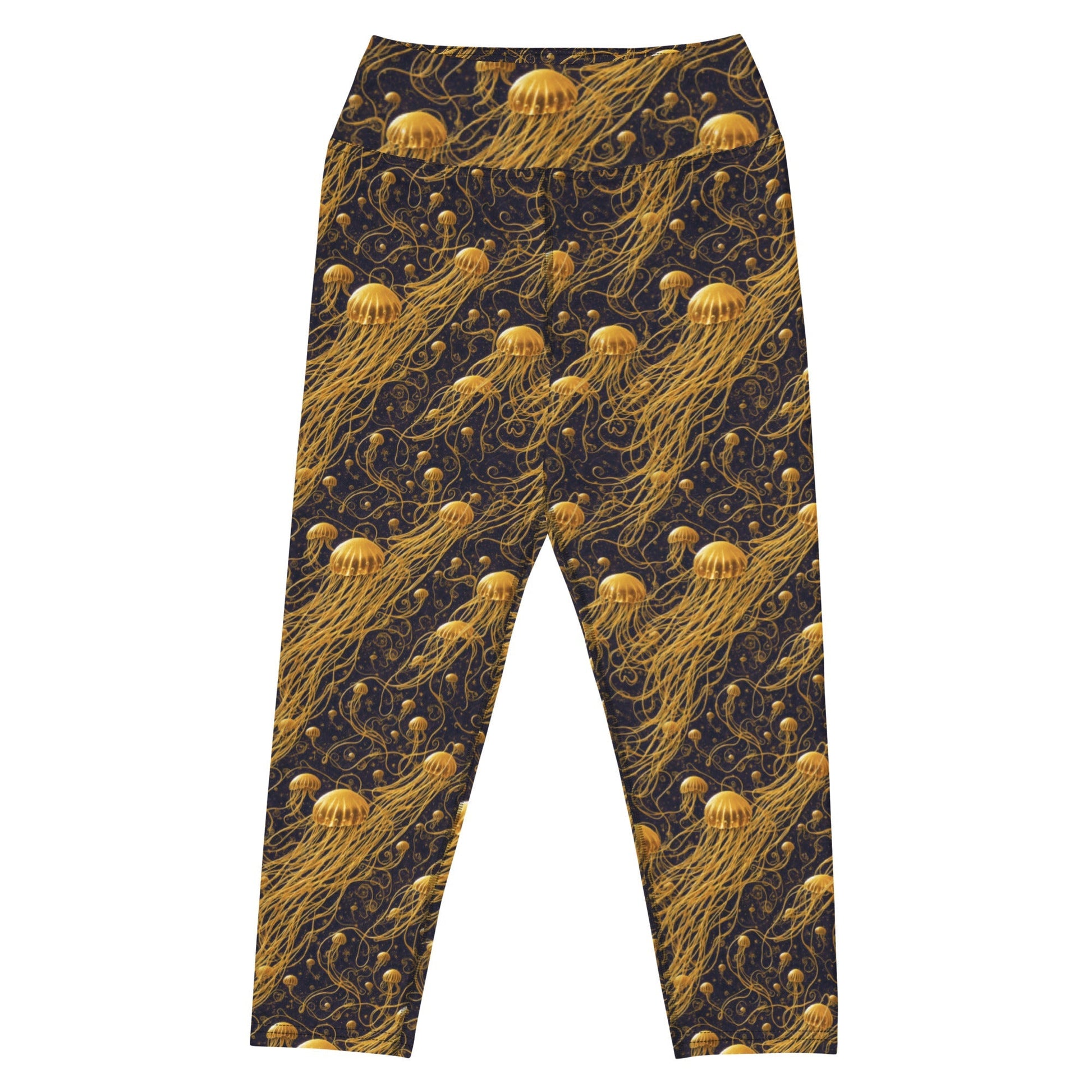 Yoga Capri Leggings - Black and Gold Jellyfishes - by Jelly Kvlt