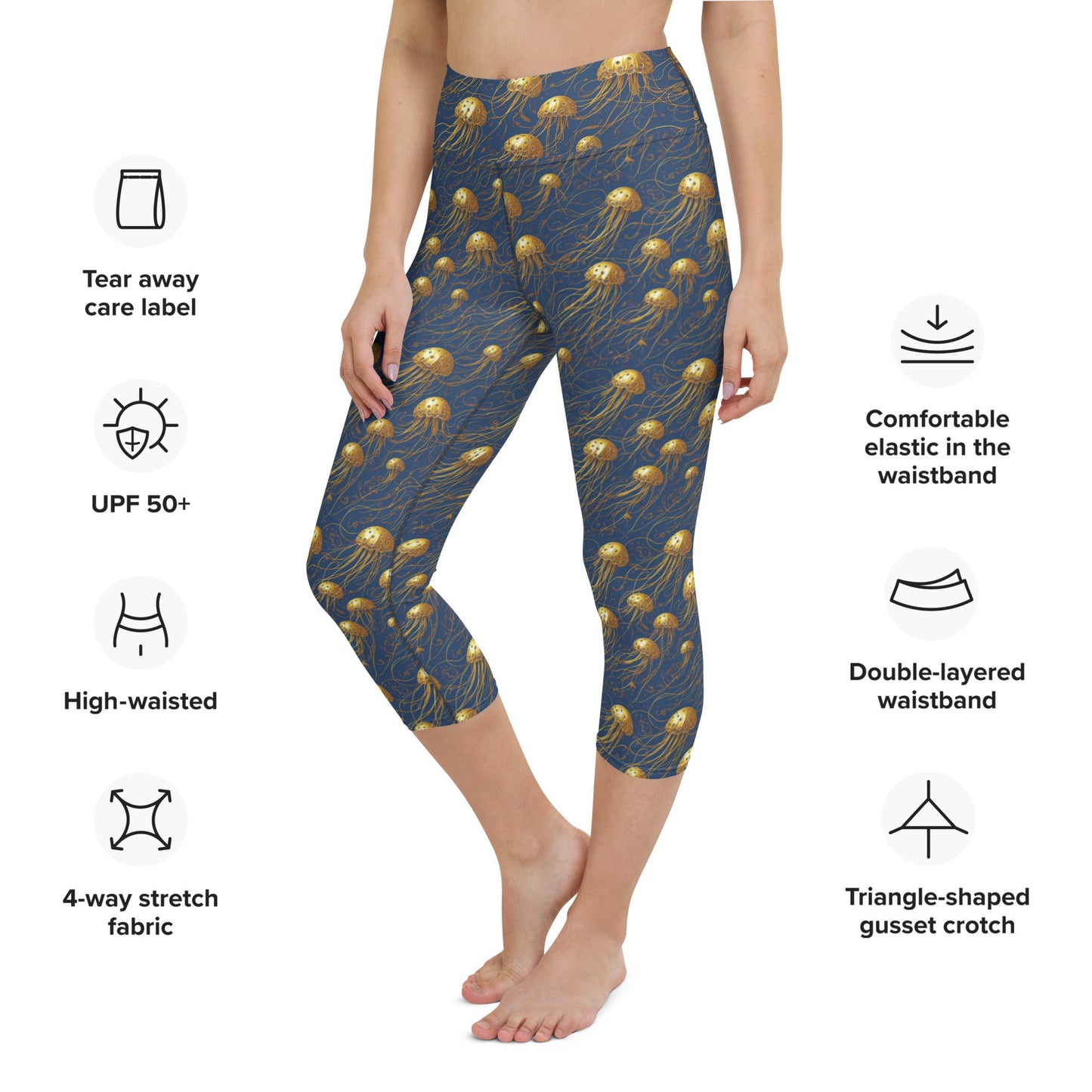 Yoga Capri Leggings - Blue and Gold Jellyfishes - by Jelly Kvlt