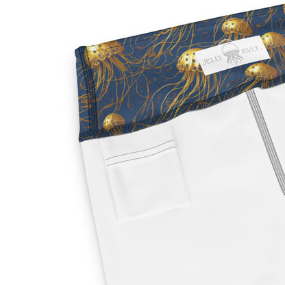 Yoga Capri Leggings - Blue and Gold Jellyfishes - by Jelly Kvlt