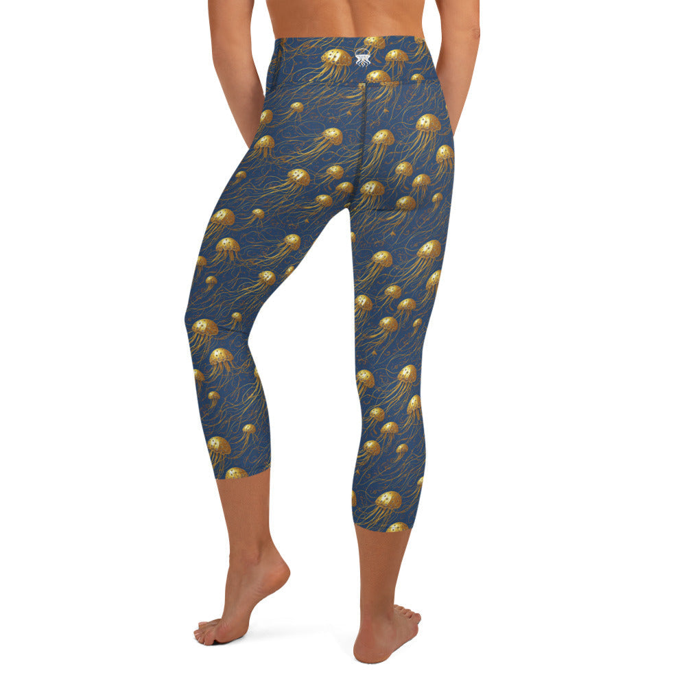 Yoga Capri Leggings - Blue and Gold Jellyfishes - by Jelly Kvlt