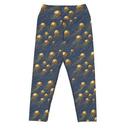 Yoga Capri Leggings - Blue and Gold Jellyfishes - by Jelly Kvlt