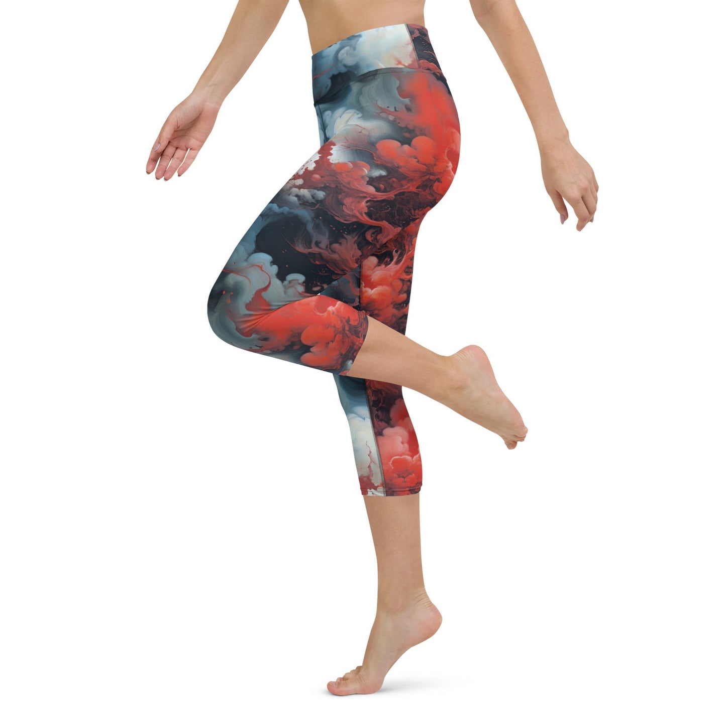 Yoga Capri Leggings - Ethereal Crimson Flow - Dual Harmony Jelly Kvlt