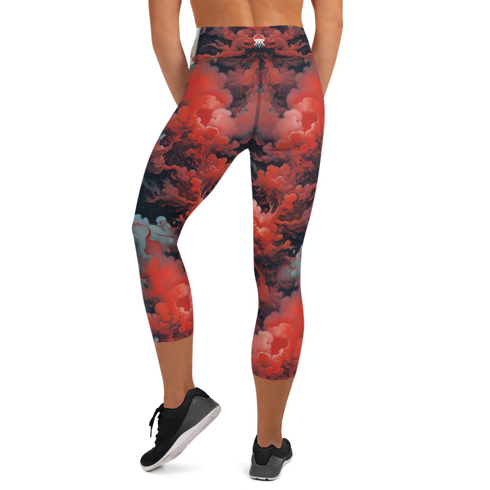 Yoga Capri Leggings - Ethereal Crimson Flow - Dual Harmony Jelly Kvlt