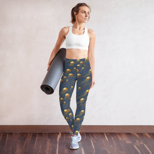 Yoga Leggings - Blue and Gold Jellyfishes | Jelly Kvlt