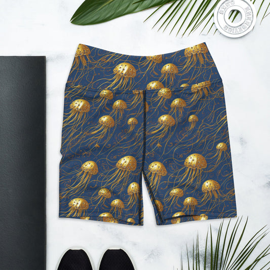 Yoga Shorts - Blue And Gold Jellyfishes | Jelly Kvlt