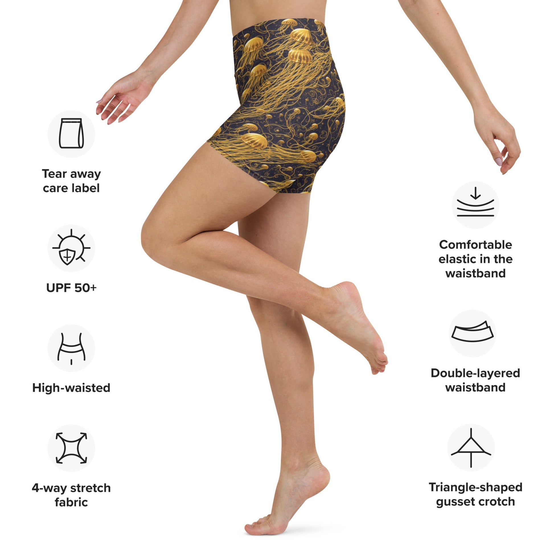 Yoga Shorts - Black And Gold Jellyfishes | Jelly Kvlt