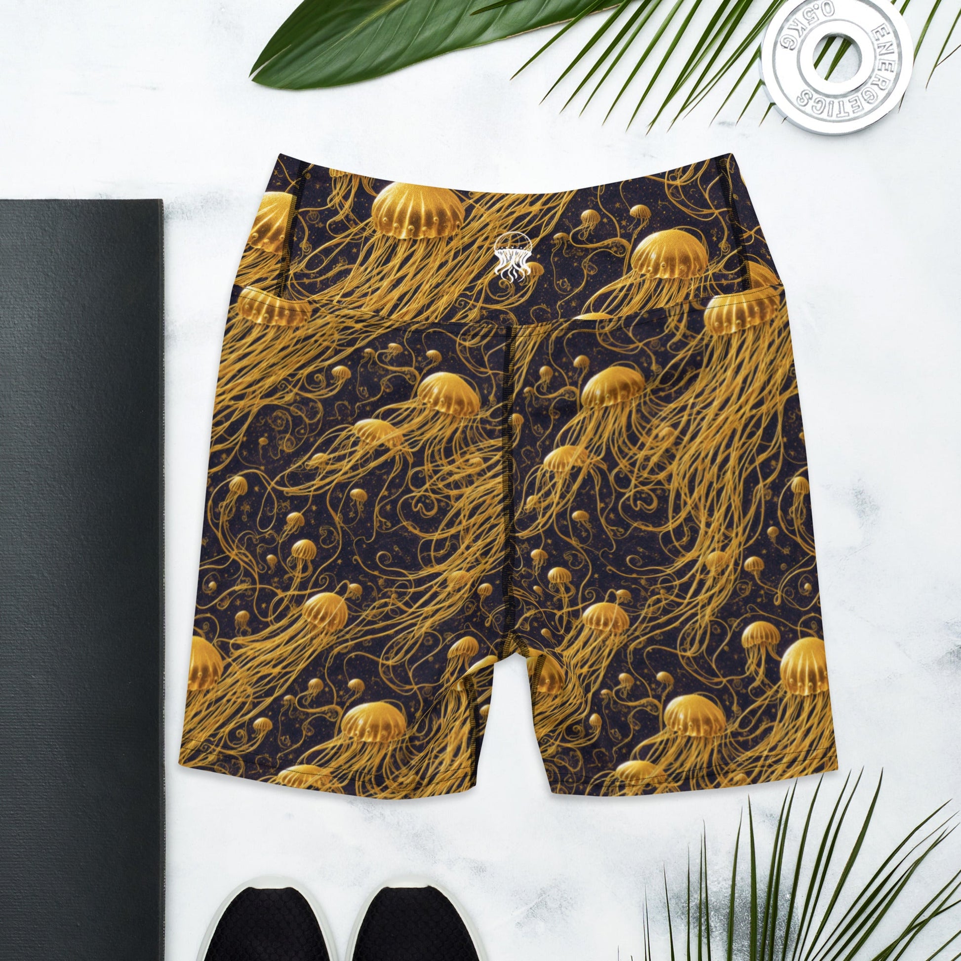 Yoga Shorts - Black And Gold Jellyfishes | Jelly Kvlt