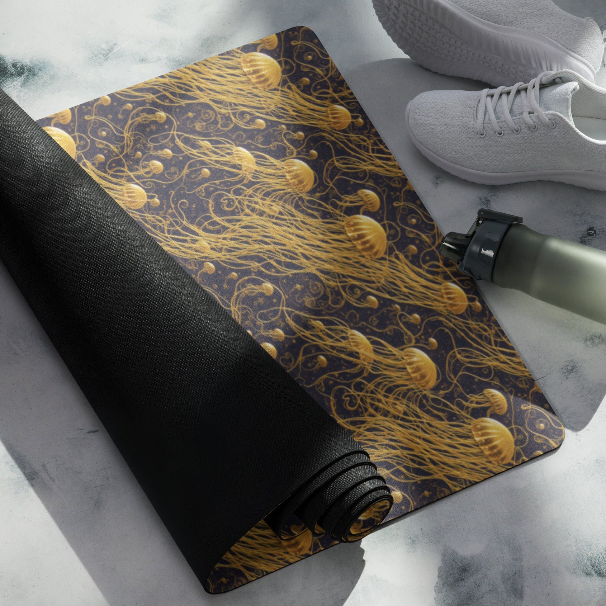 Yoga mat - Black and Gold Jellyfishes - by Jelly Kvlt