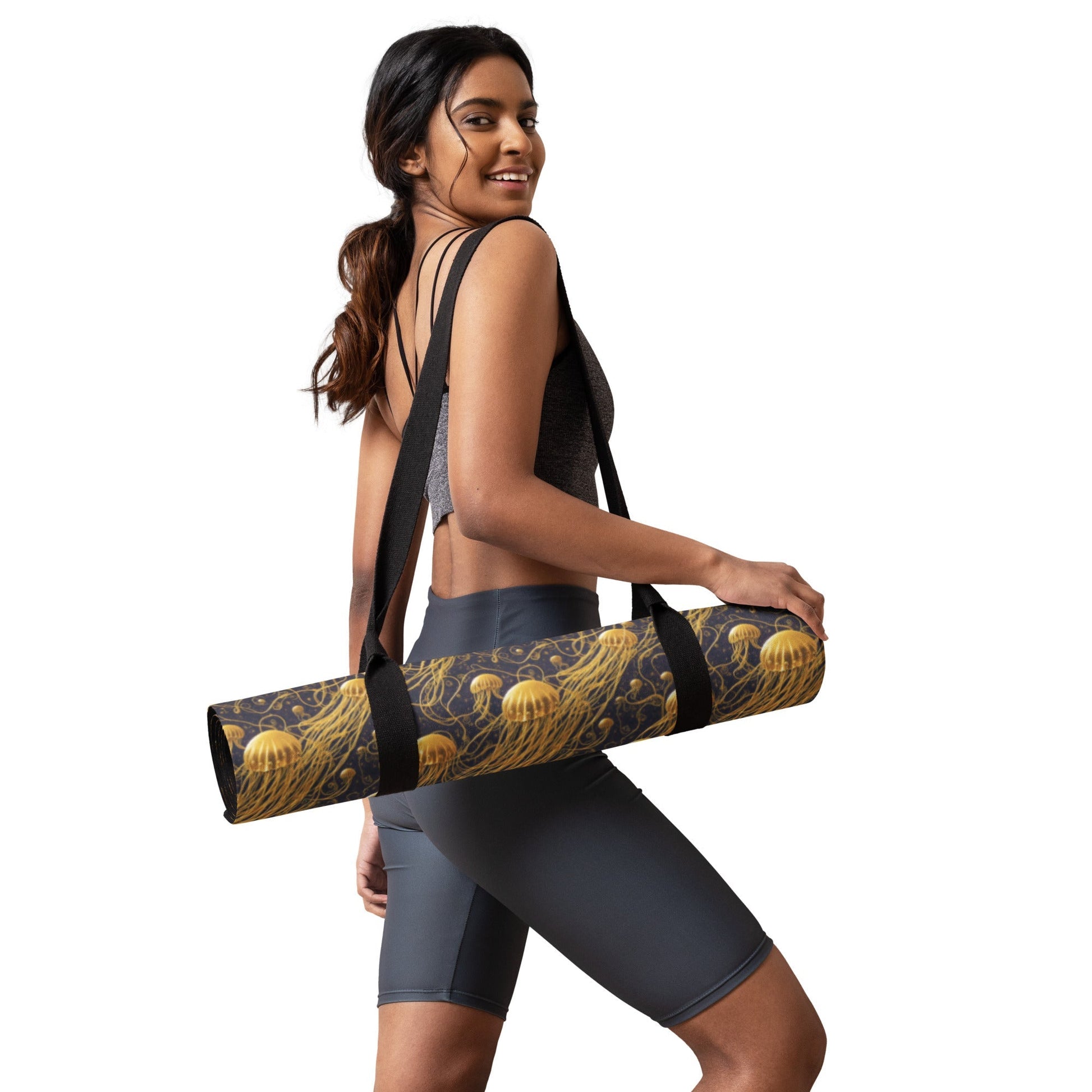 Yoga mat - Black and Gold Jellyfishes - by Jelly Kvlt