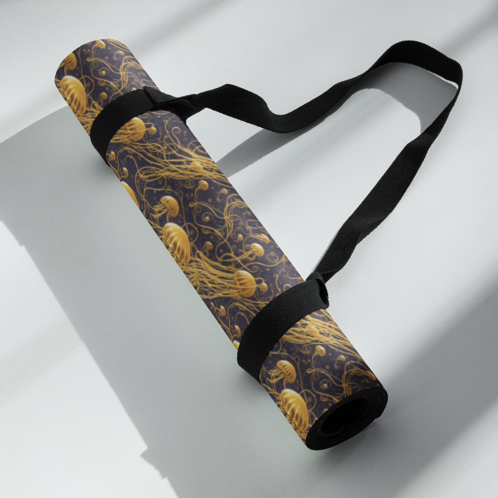 Yoga mat - Black and Gold Jellyfishes - by Jelly Kvlt