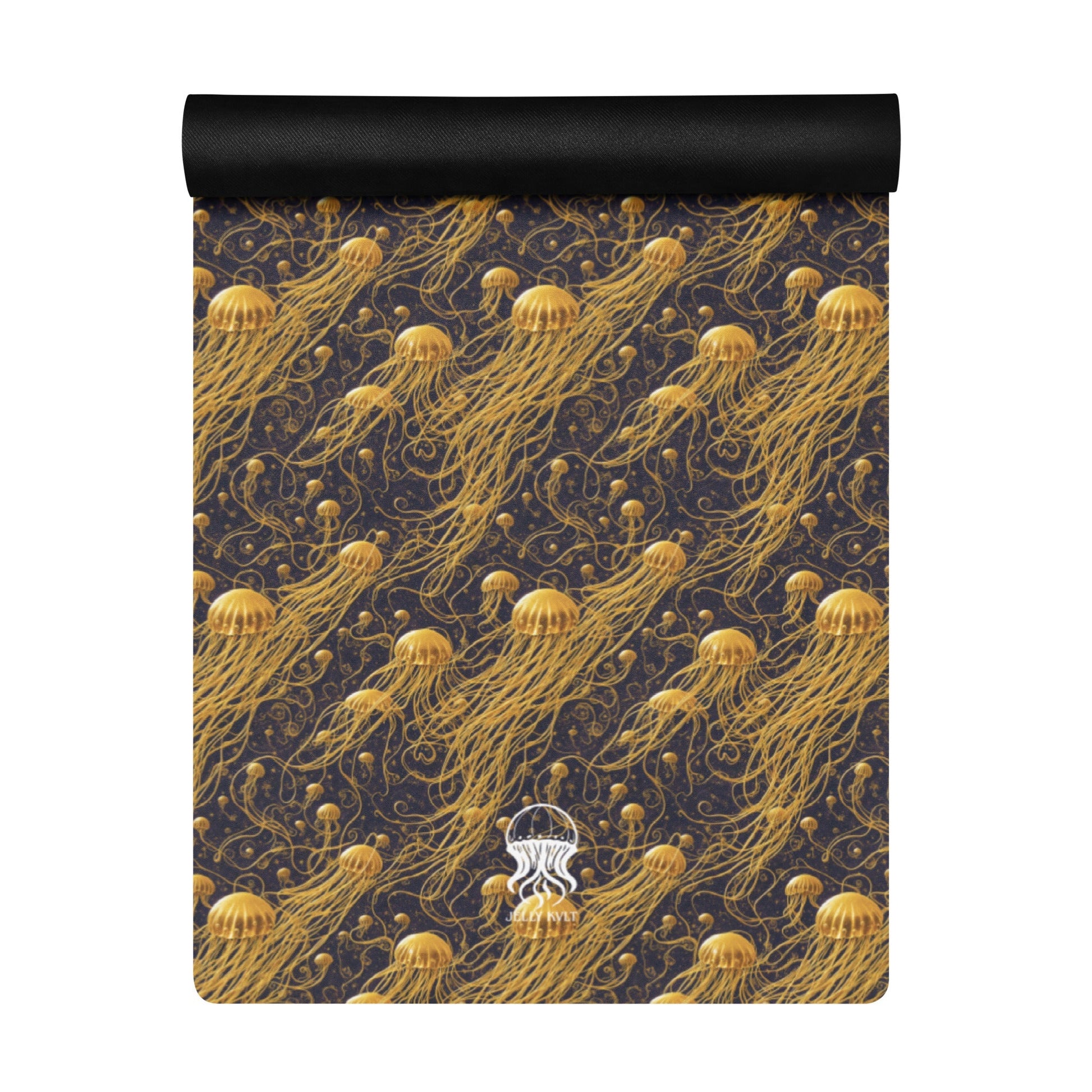 Yoga mat - Black and Gold Jellyfishes - by Jelly Kvlt