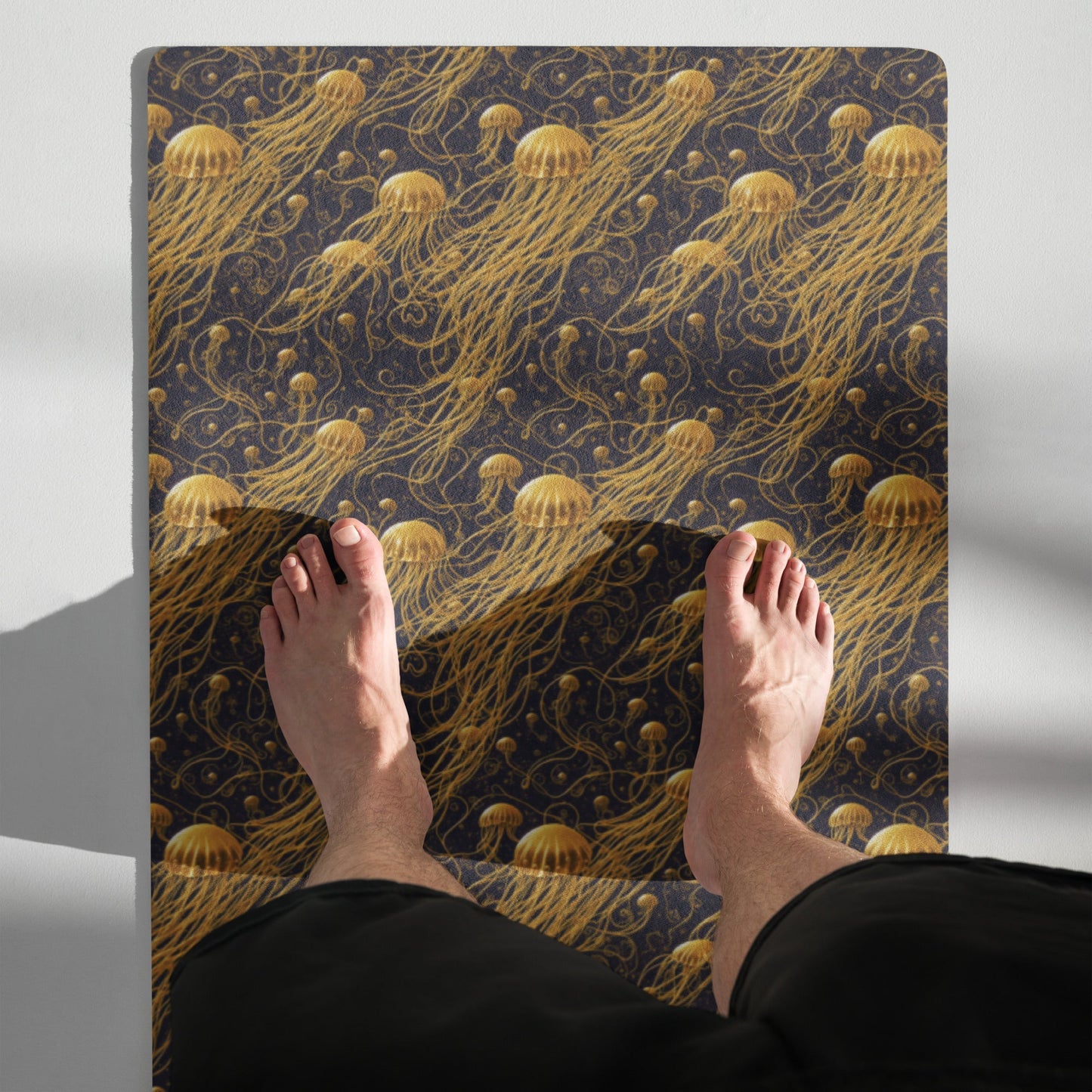 Yoga mat - Black and Gold Jellyfishes - by Jelly Kvlt