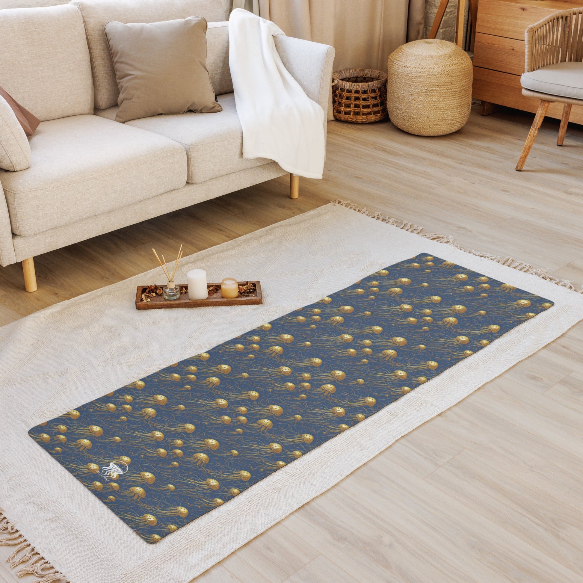 Yoga mat - Blue and Gold Jellyfishes - by Jelly Kvlt