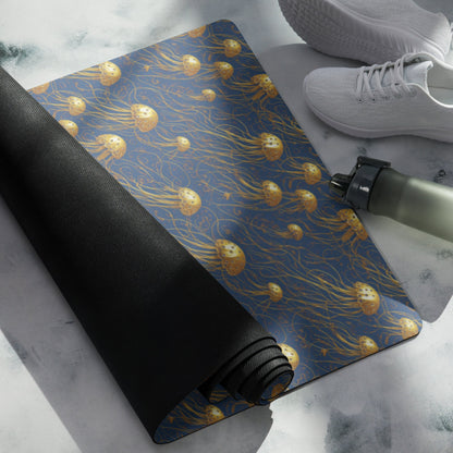 Yoga mat - Blue and Gold Jellyfishes - by Jelly Kvlt