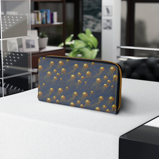 Zipper Wallet - Blue and Gold Jellyfishes - by Jelly Kvlt