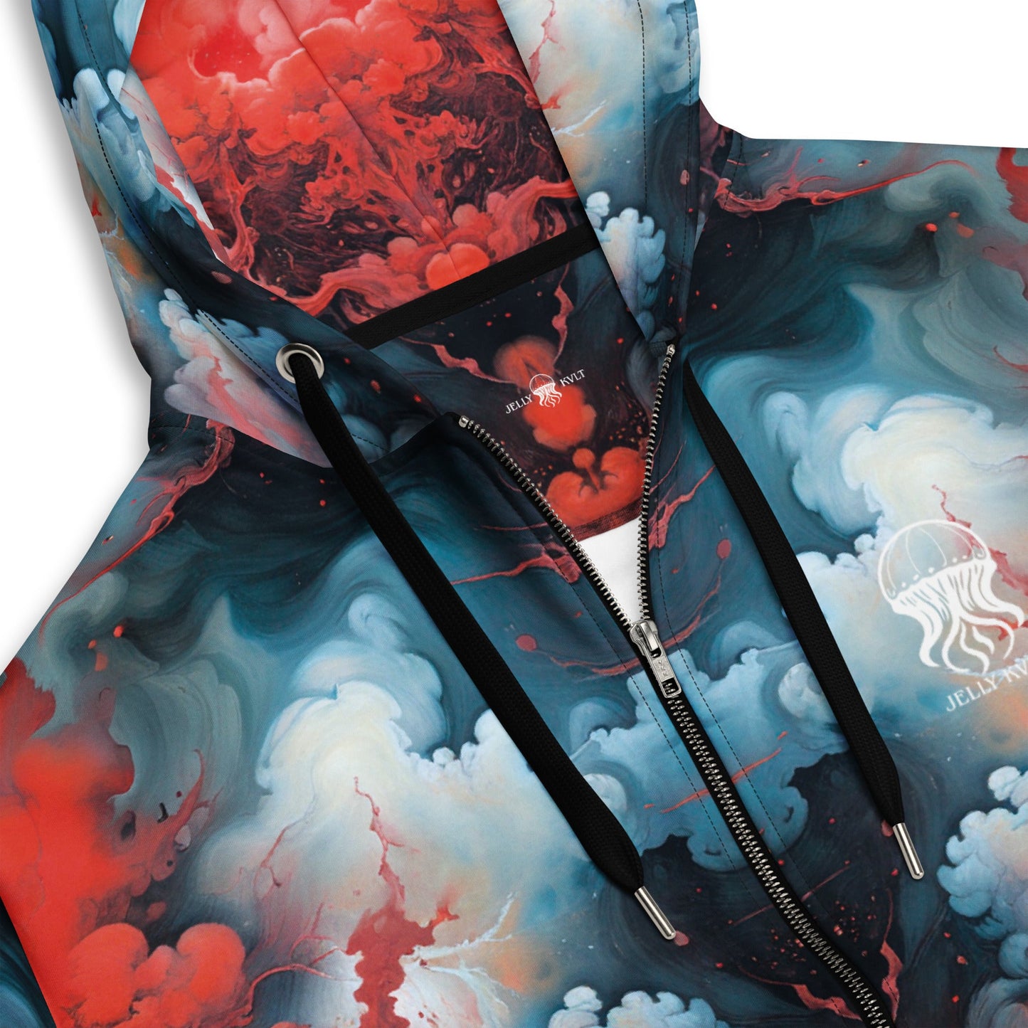 Unisex Comfort Zip Hoodie - Ethereal Crimson Flow - Light - by Jelly Kvlt