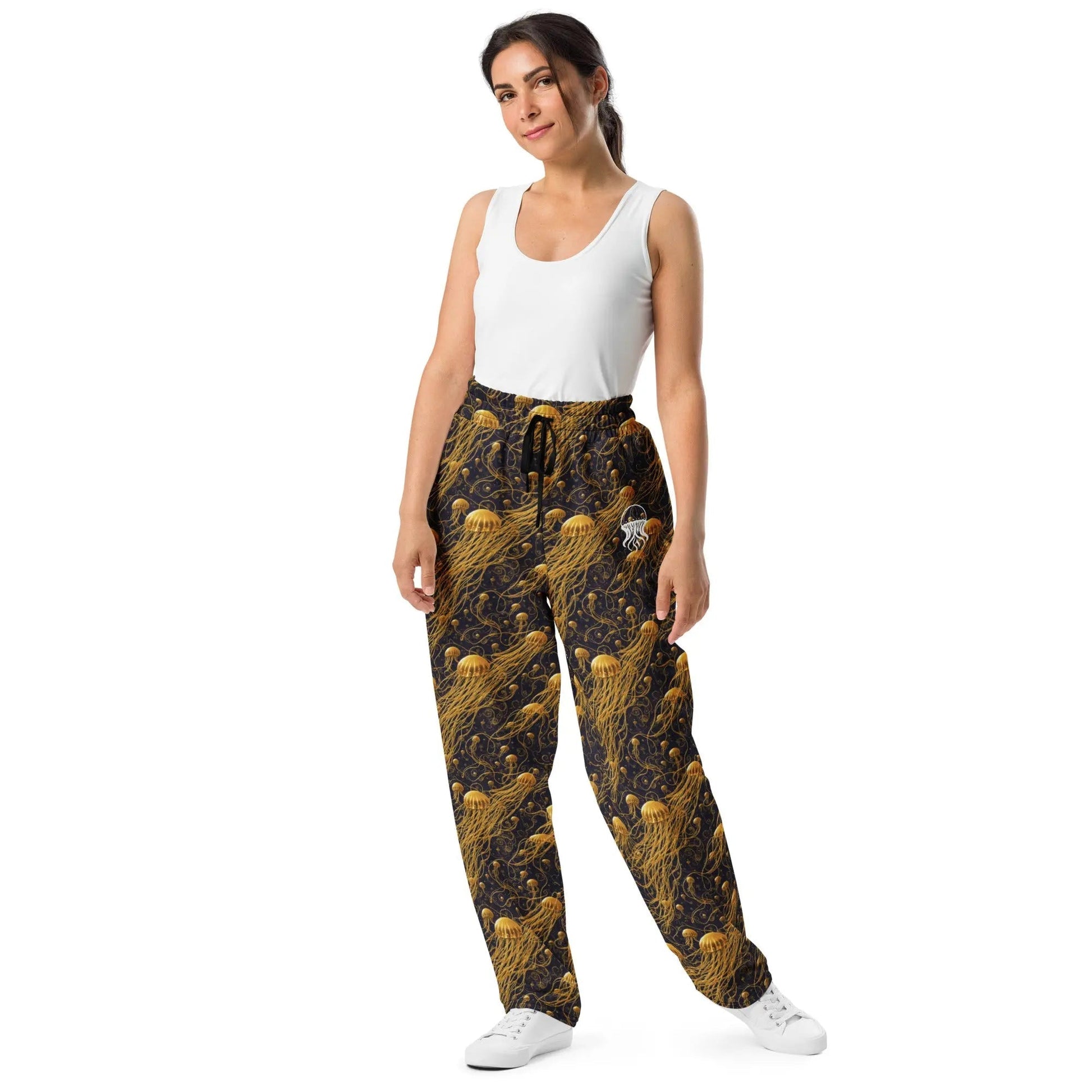 Unisex Wide-leg Joggers - Black and Gold Jellyfishes - by Jelly Kvlt