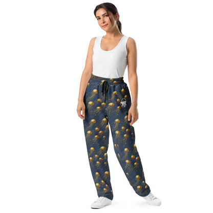 Unisex Wide-leg Joggers - Blue and Gold Jellyfishes - by Jelly Kvlt