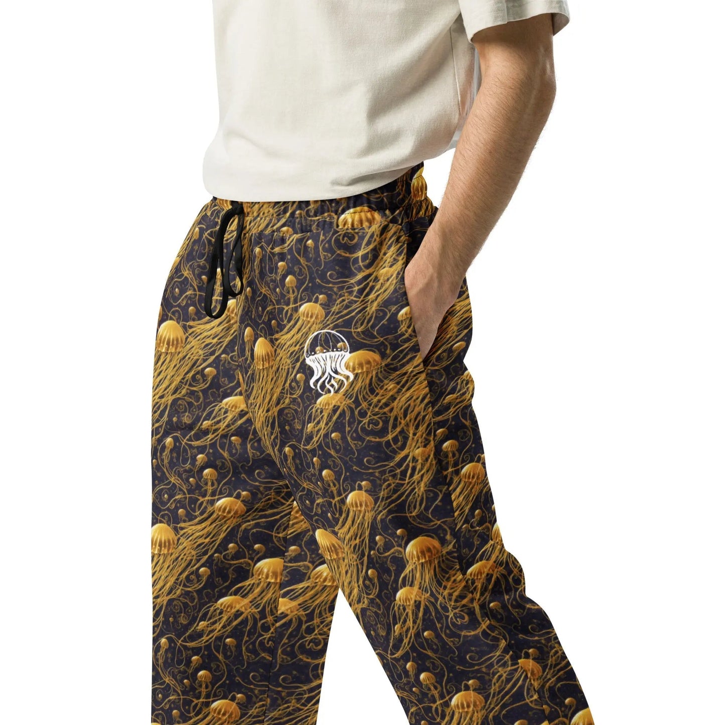 Unisex Wide-leg Joggers - Black and Gold Jellyfishes - by Jelly Kvlt