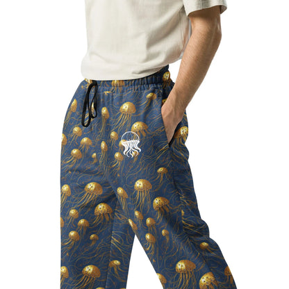 Unisex Wide-leg Joggers - Blue and Gold Jellyfishes - by Jelly Kvlt