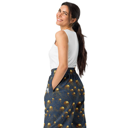 Unisex Wide-leg Joggers - Blue and Gold Jellyfishes - by Jelly Kvlt