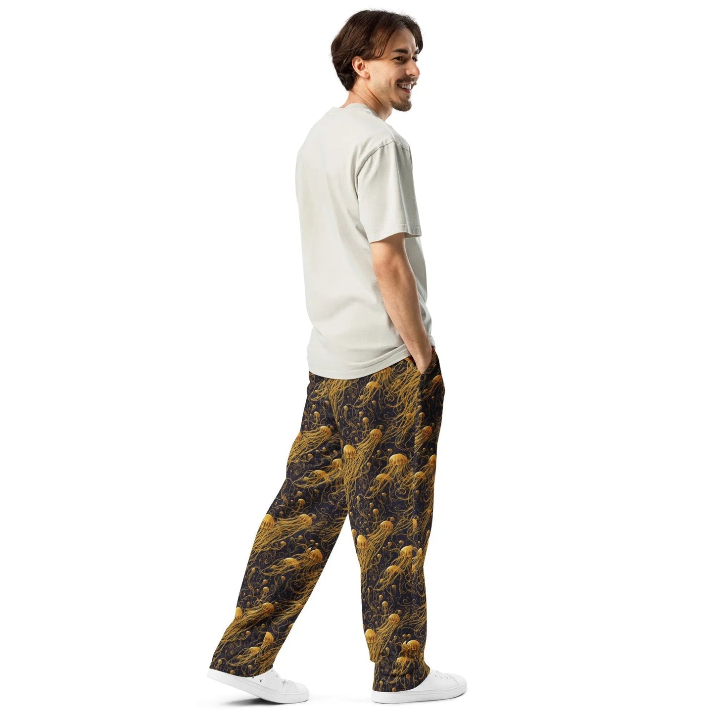 Unisex Wide-leg Joggers - Black and Gold Jellyfishes - by Jelly Kvlt