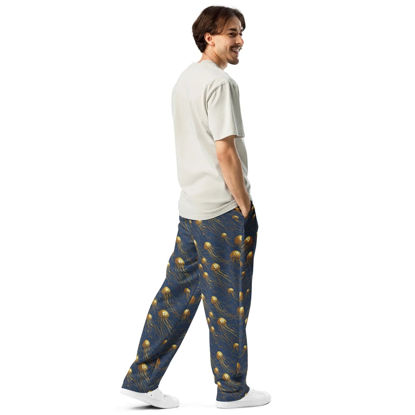 Unisex Wide-leg Joggers - Blue and Gold Jellyfishes - by Jelly Kvlt