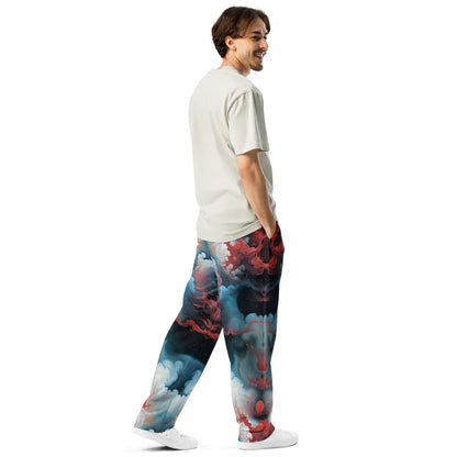 Unisex Wide-leg Joggers - Ethereal Crimson Flow - Light - by Jelly Kvlt