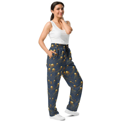 Unisex Wide-leg Joggers - Blue and Gold Jellyfishes - by Jelly Kvlt