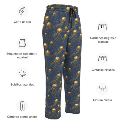 Unisex Wide-leg Joggers - Blue and Gold Jellyfishes - by Jelly Kvlt