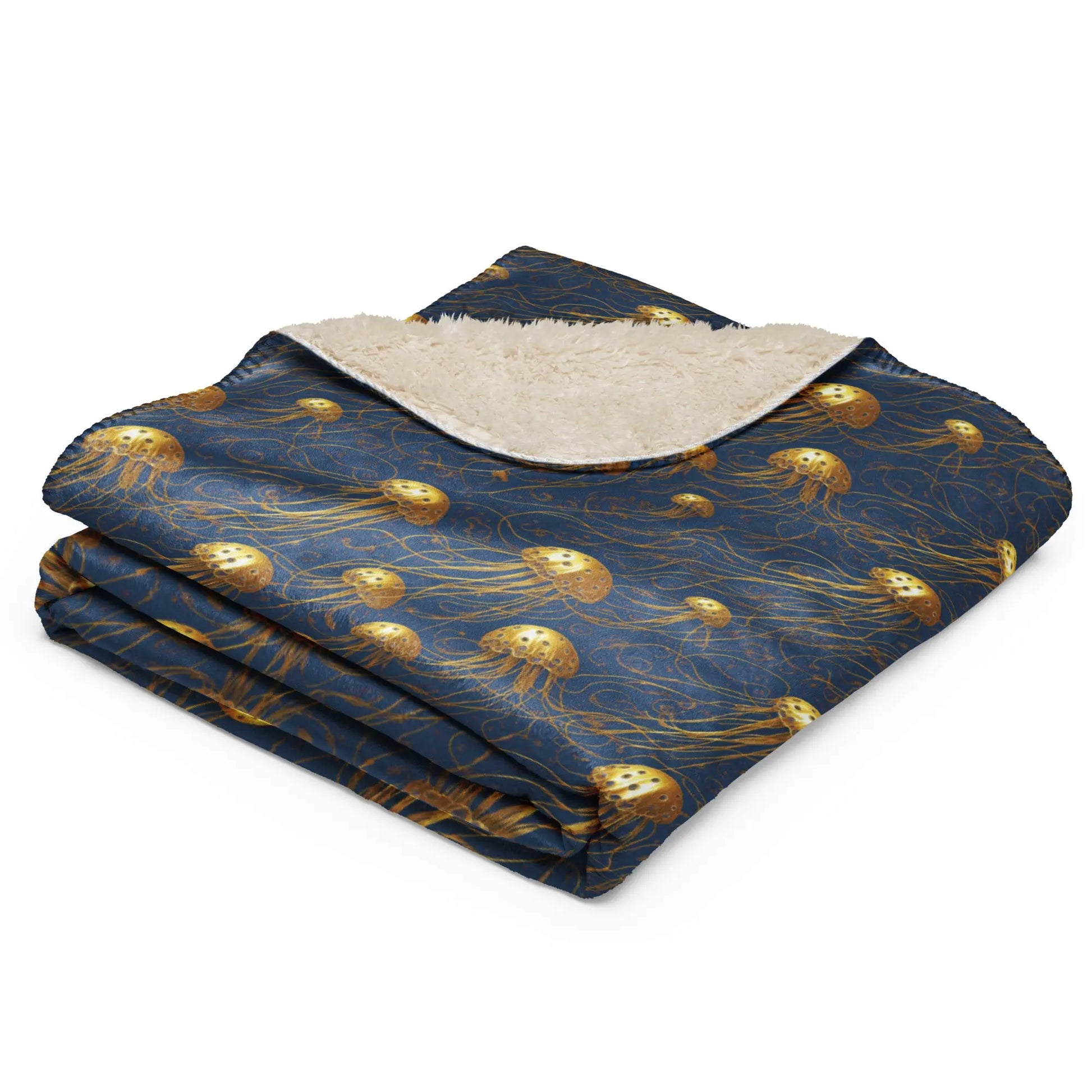 Warm Sherpa Fleece Blanket - Blue and Gold Jellyfishes - by Jelly Kvlt