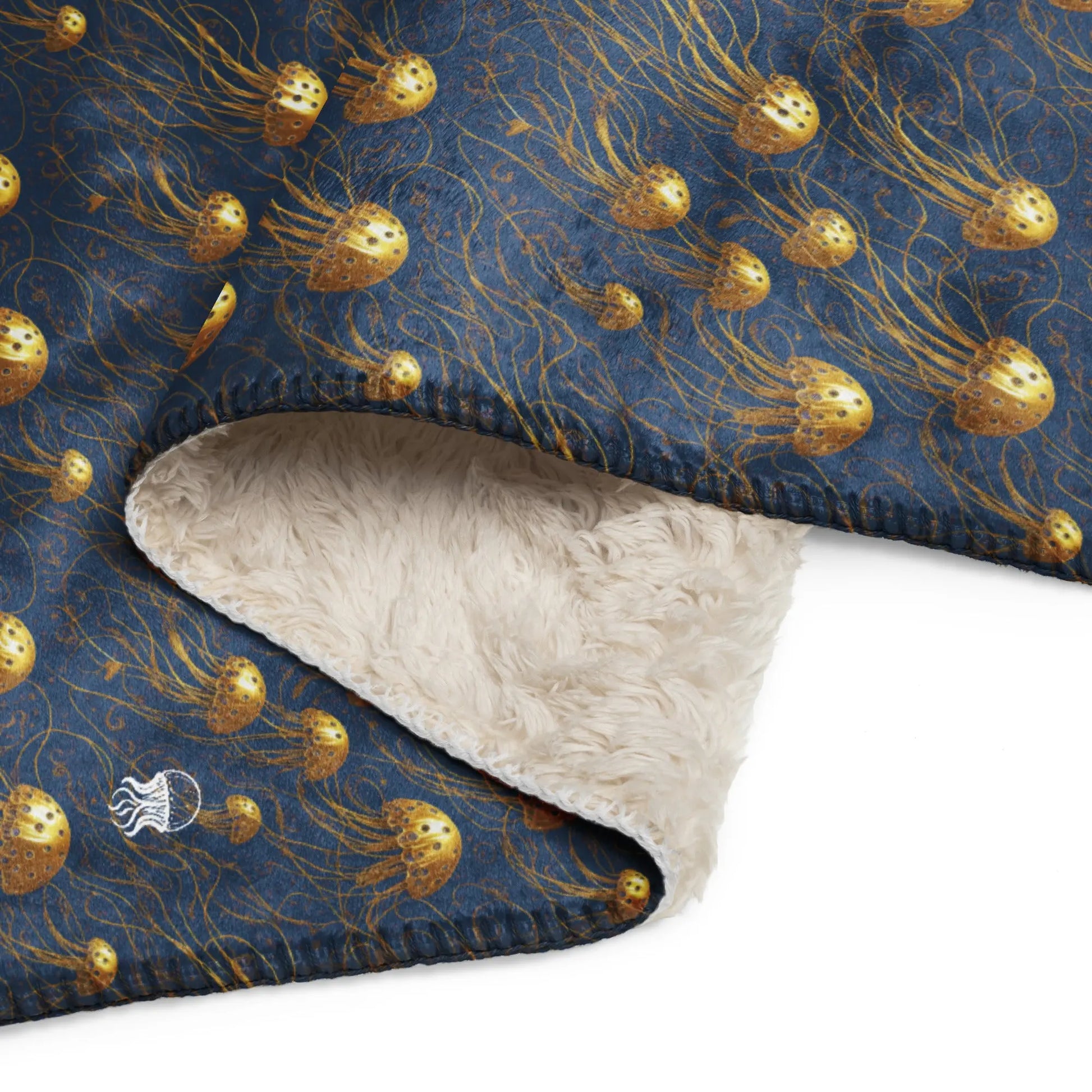 Warm Sherpa Fleece Blanket - Blue and Gold Jellyfishes - by Jelly Kvlt