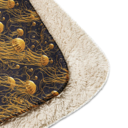 Warm Sherpa Fleece Blanket - Black and Gold Jellyfishes - by Jelly Kvlt